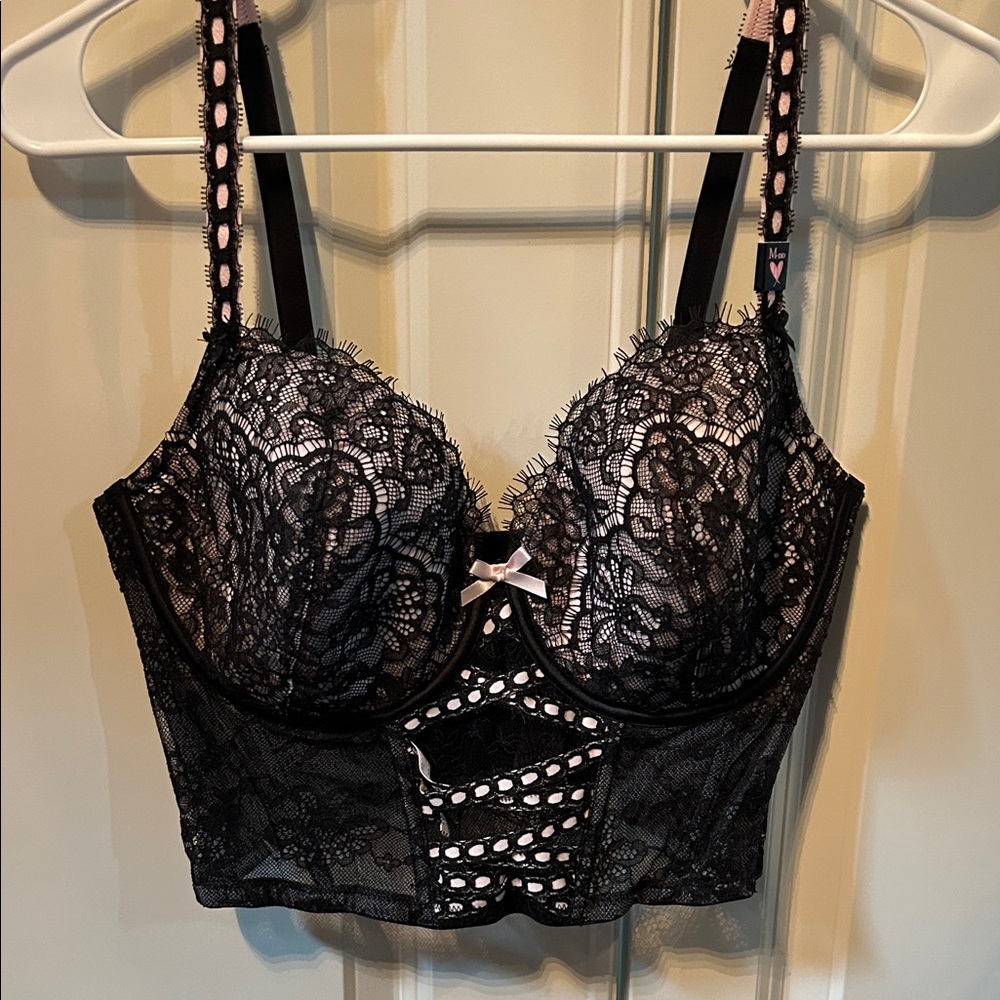 Victoria's Secret Black/Pink Lace Longline Bra Med/DD NWT